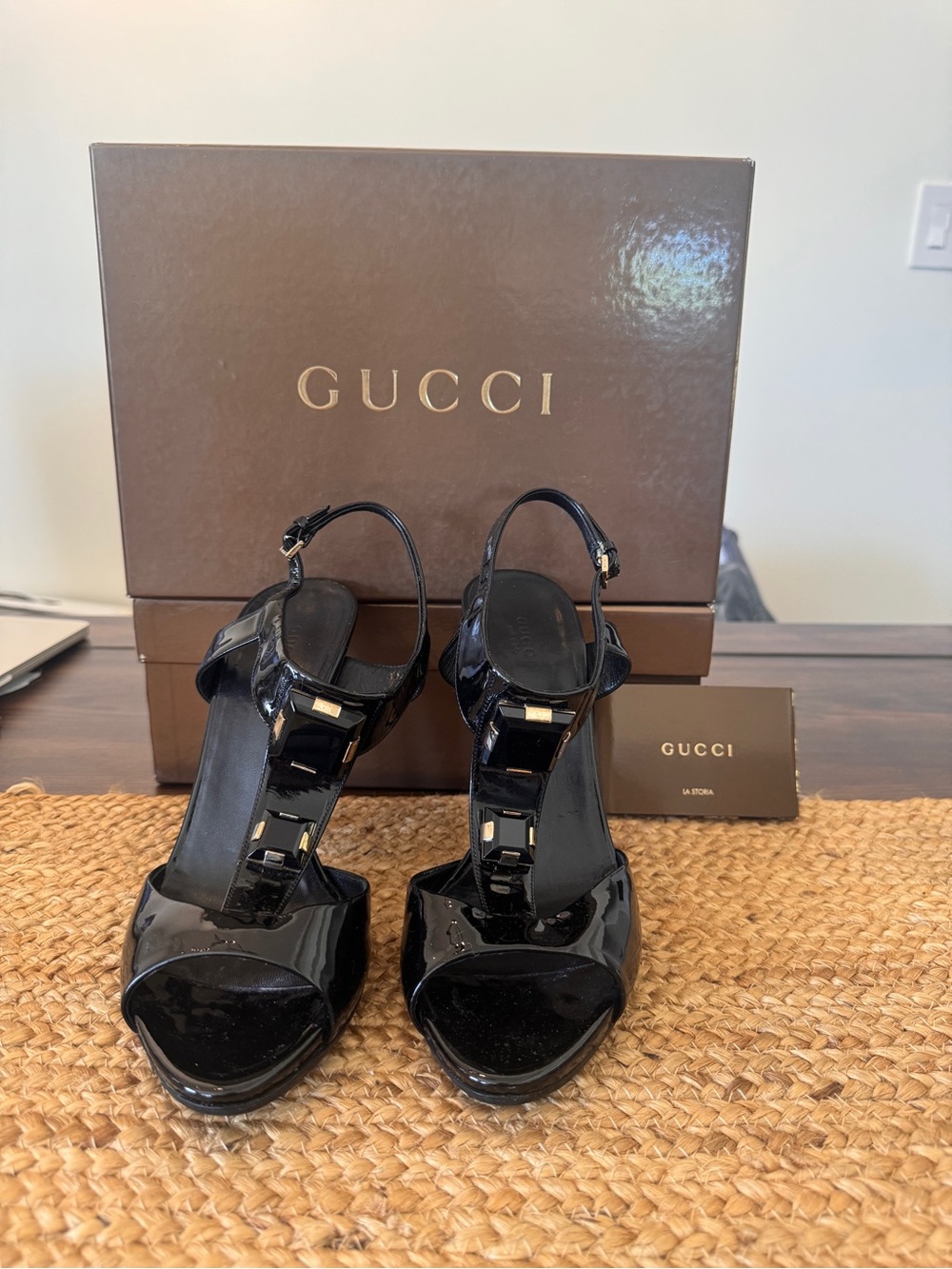 Gucci Black Patent T-Strap Platform Heels